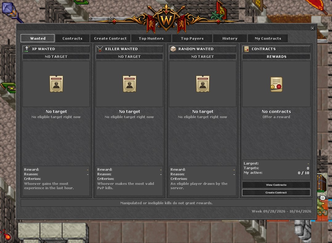 The real Wanted board, showing the three active categories